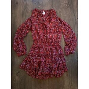 MISA Los Angeles Marion Mini Dress Size S Red Floral Smocked Ruffle‎ Viscose